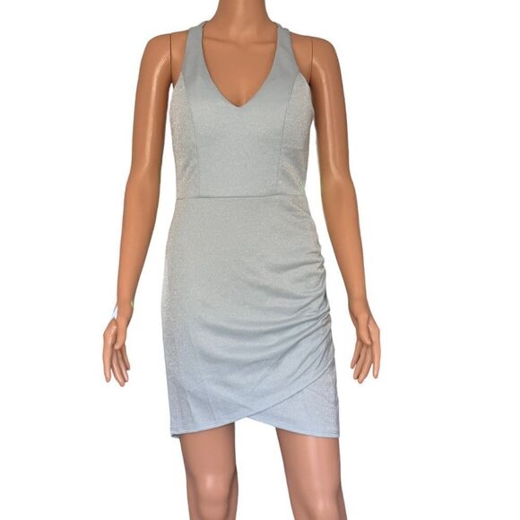 Crystal Doll Powder Blue Shimmery Side Ruched Bodycon Dress Size 9 - Picture 2 of 16